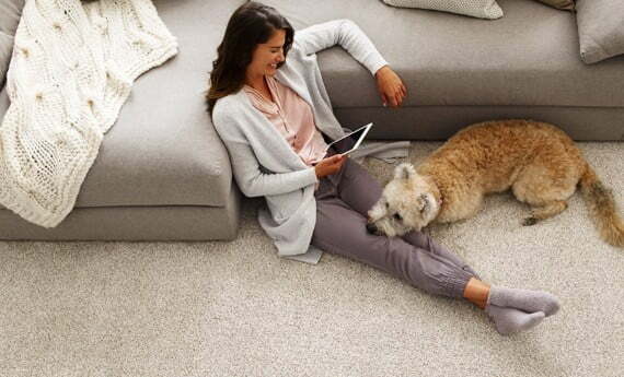Lady with pet sitting in living room | Fairmont Flooring